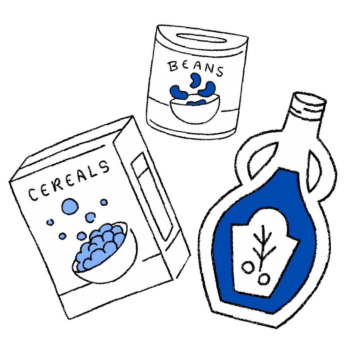 Illustration of cereal, oil, and a can of beans